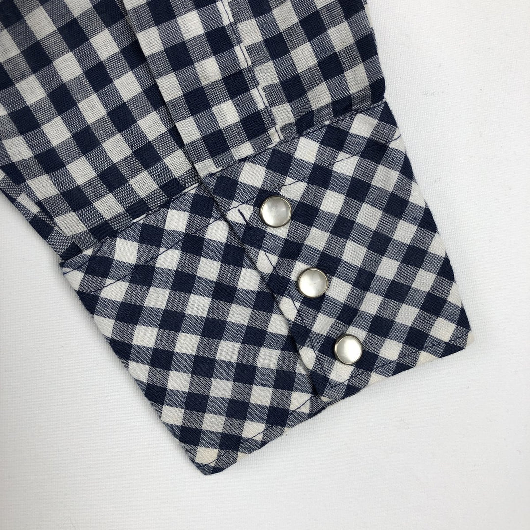 1970'S Sears Western Wear Gingham Check Long-Sleeve Western Shirt, Men's Size L (approx.), Vintage polyester navy blue type Vintage Second Hand