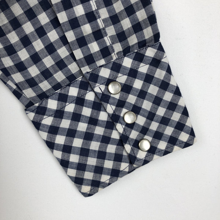 1970'S Sears Western Wear Gingham Check Long-Sleeve Western Shirt, Men's Size L (approx.), Vintage polyester navy blue type Vintage Second Hand
