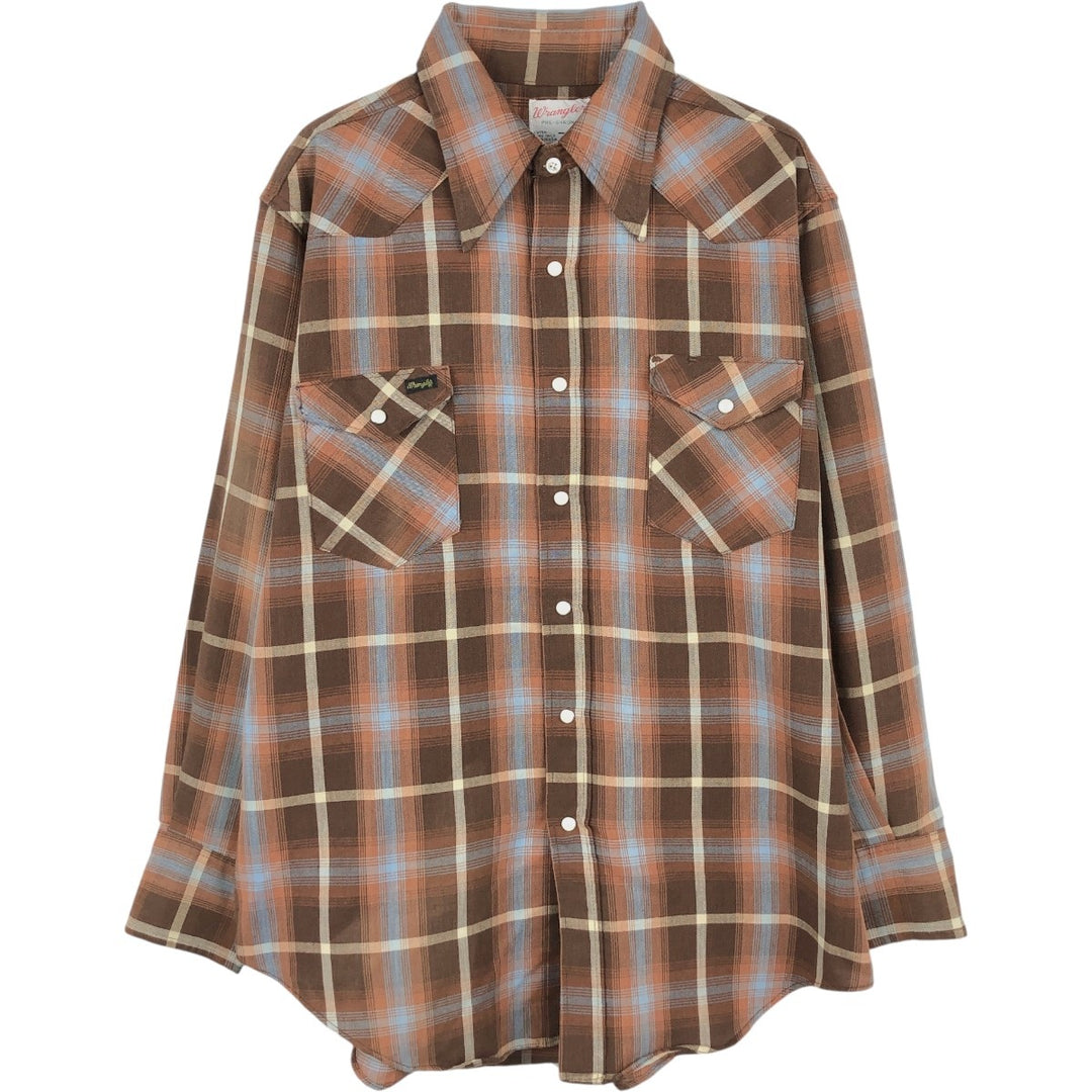 1970'S Wrangler Pre-Shrunk Check Pattern Long-Sleeve Western Shirt, Made in USA, Men's Size XL unclear brown type Vintage Second Hand
