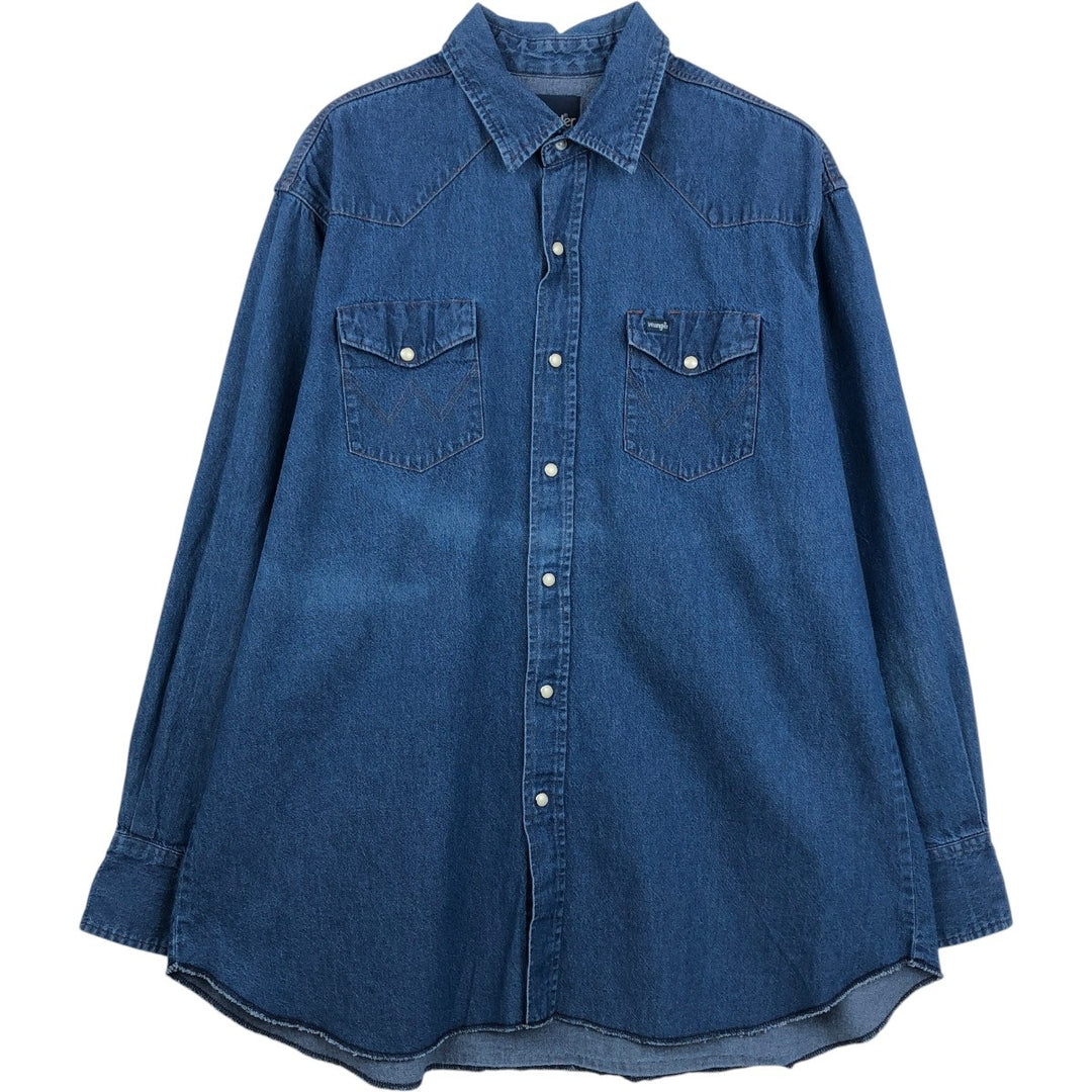 90'S Wrangler Long-Sleeve Denim Western Shirt, Men's XXL (approx.), Vintage cotton blue type Vintage Second Hand