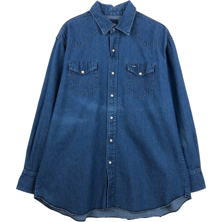 90'S Wrangler Long-Sleeve Denim Western Shirt, Men's XXL (approx.), Vintage cotton blue type Vintage Second Hand