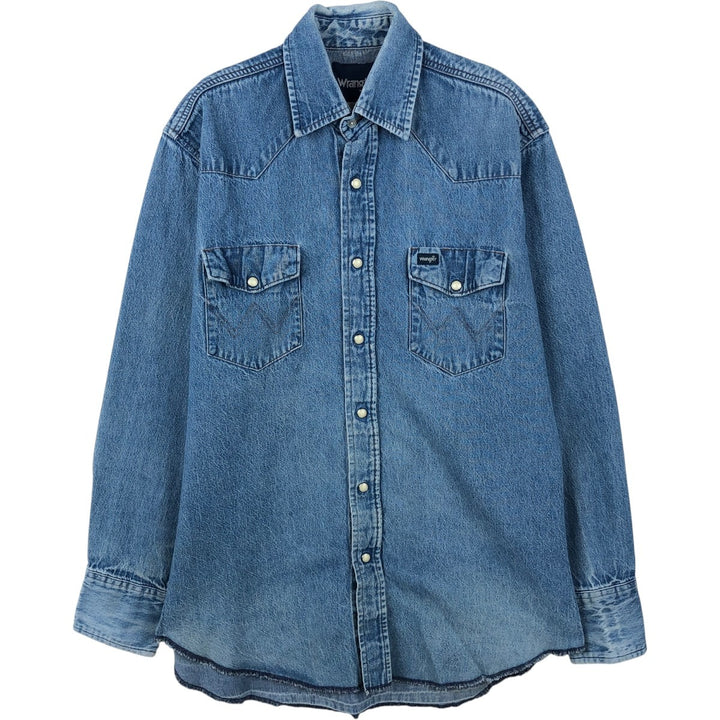 90'S Wrangler Long-Sleeve Denim Western Shirt, Men's Size L (Equivalent), Vintage cotton blue type Vintage Second Hand