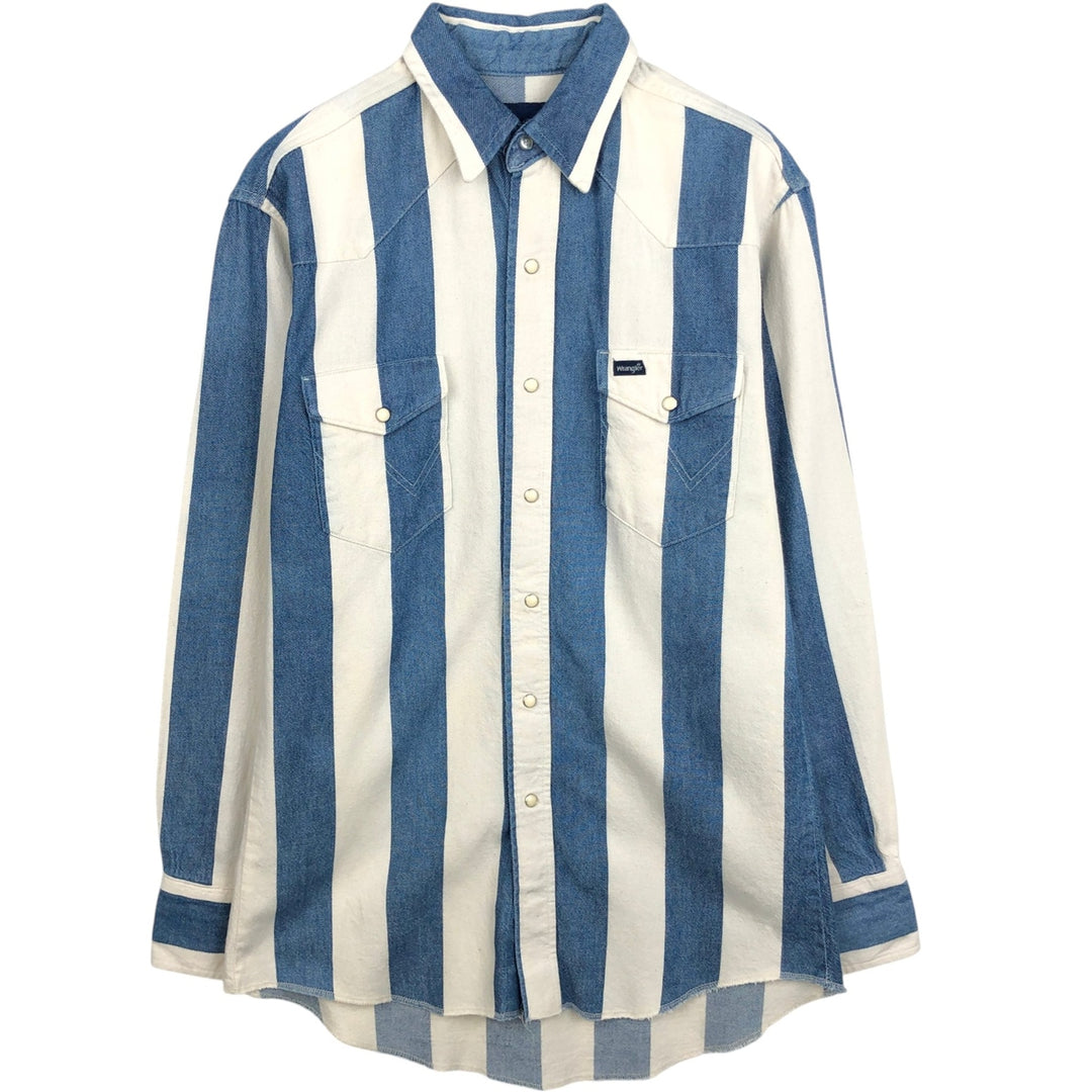 1980'S Wrangler Stripe Pattern Long-Sleeve Denim Western Shirt, Made in USA, Men's Size L (Equivalent), Vintage cotton blue type Vintage Second Hand