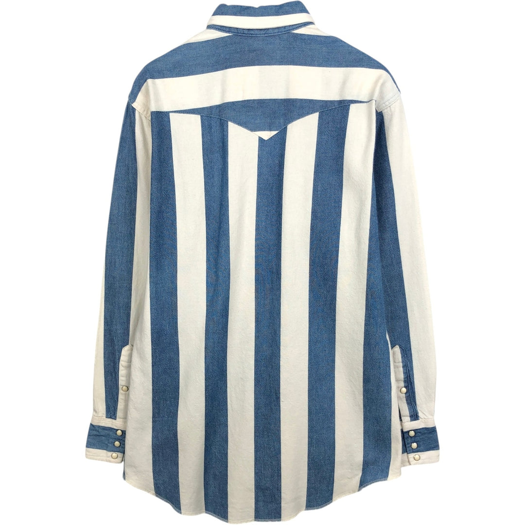 1980'S Wrangler Stripe Pattern Long-Sleeve Denim Western Shirt, Made in USA, Men's Size L (Equivalent), Vintage cotton blue type Vintage Second Hand