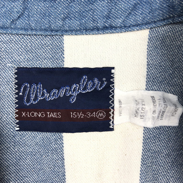 1980'S Wrangler Stripe Pattern Long-Sleeve Denim Western Shirt, Made in USA, Men's Size L (Equivalent), Vintage cotton blue type Vintage Second Hand