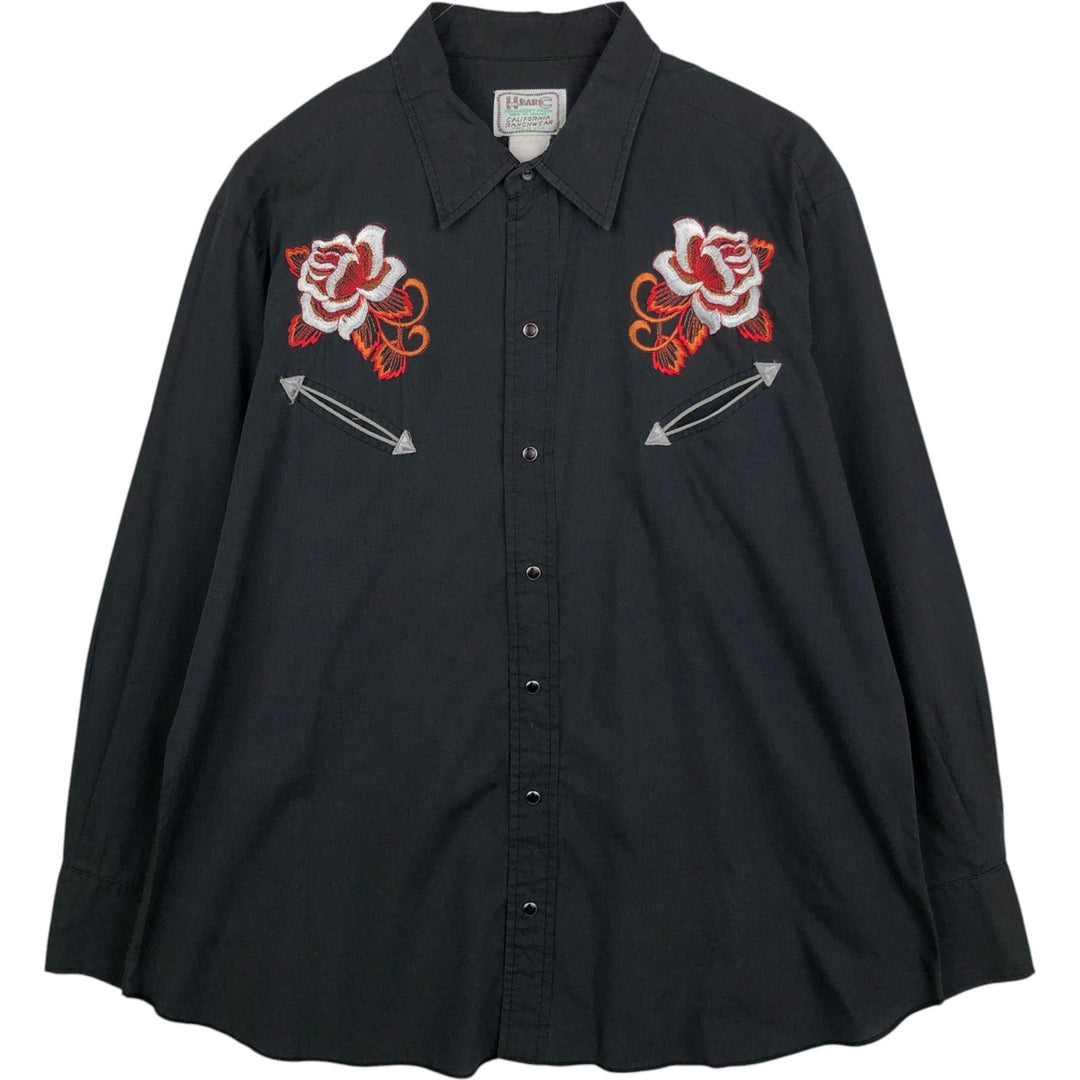 70s-80'S H Bar C California Ranchwear Floral Long-Sleeve Western Shirt, Made in USA, Men's XL (approx.) Vintage polyester black type Vintage Second Hand