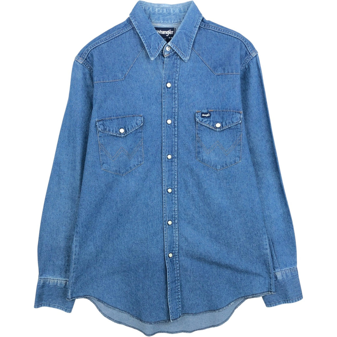 80s-90'S Wrangler Long-Sleeve Denim Western Shirt, Men's Size L (Equivalent), Vintage unclear blue type Vintage Second Hand