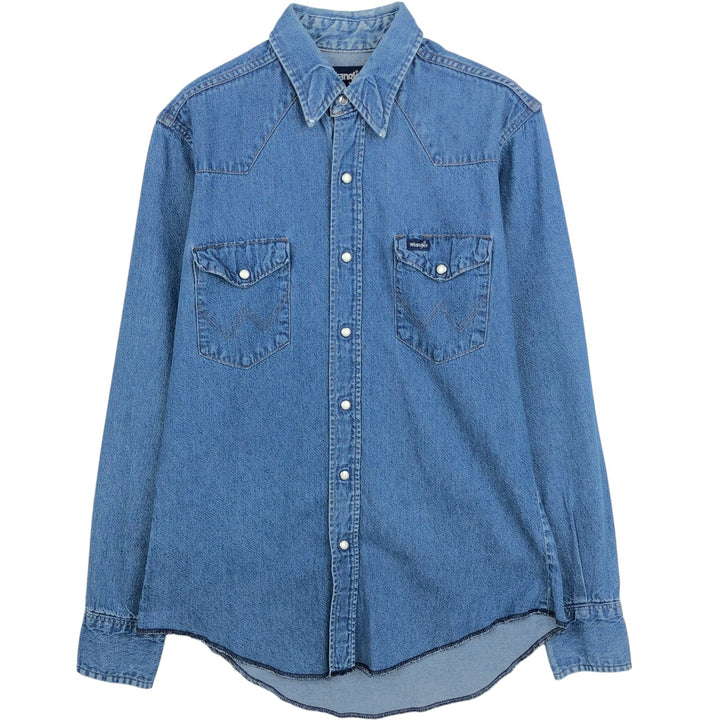 80s-90'S Wrangler Long-Sleeve Denim Western Shirt, Made in USA, Men's Size M (approx.), Vintage cotton blue type Vintage Second Hand