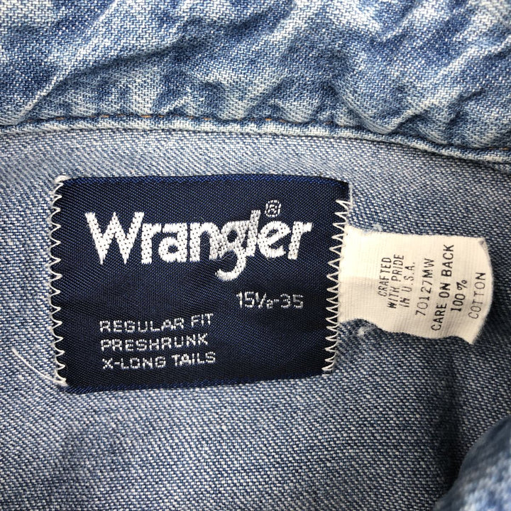 80s-90'S Wrangler Long-Sleeve Denim Western Shirt, Made in USA, Men's Size M (approx.), Vintage cotton blue type Vintage Second Hand