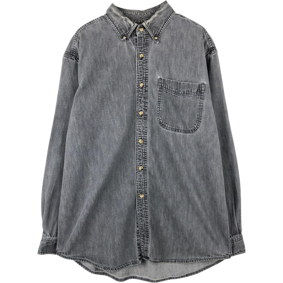 90'S LLBean Long-Sleeve Button-Down Black Denim Shirt, Men's Size M (Equivalent), Vintage cotton gray type Vintage Second Hand