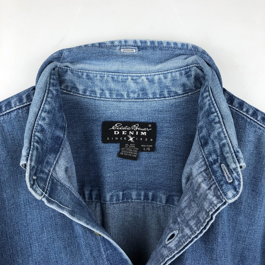 Eddie Bauer Denim Long-Sleeve Button-Down Denim Shirt, Men's Size L (approx.) cotton blue type Vintage Second Hand