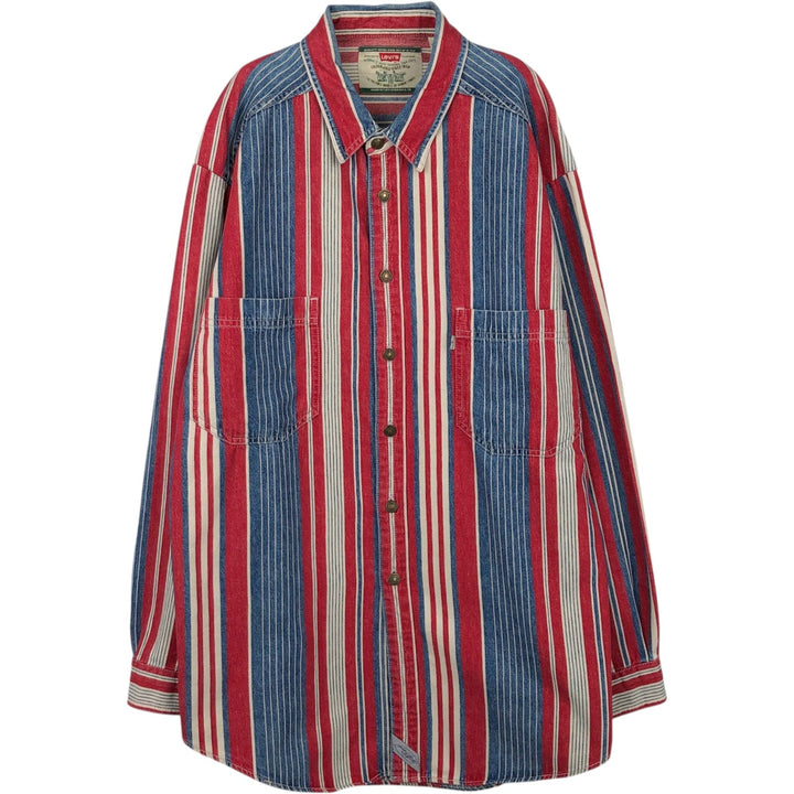 Levi's Stripe Pattern Multi-Stripe Long-Sleeve Denim Shirt, Men's Size XL (approx.) cotton red type Vintage Second Hand