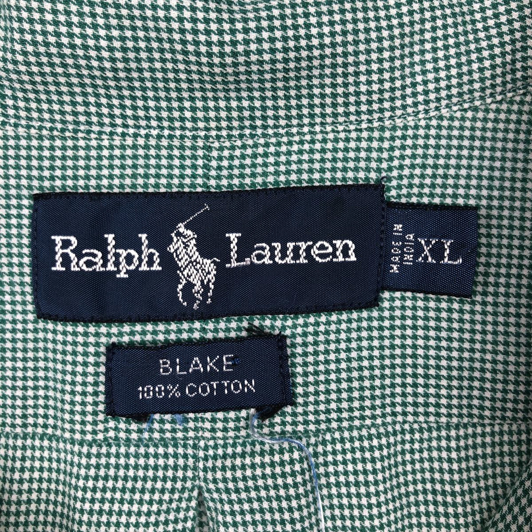 Ralph Lauren BLAKE Houndstooth Pattern Long Sleeve Button-Down Check Shirt, Men's Size XL cotton green type Vintage Second Hand