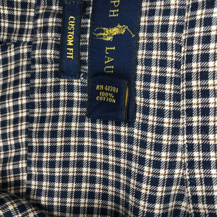 Ralph Lauren CUSTOM FIT Check Pattern Long-Sleeve Button-Down Check Shirt, Men's Size M (approx.) cotton navy blue type Vintage Second Hand