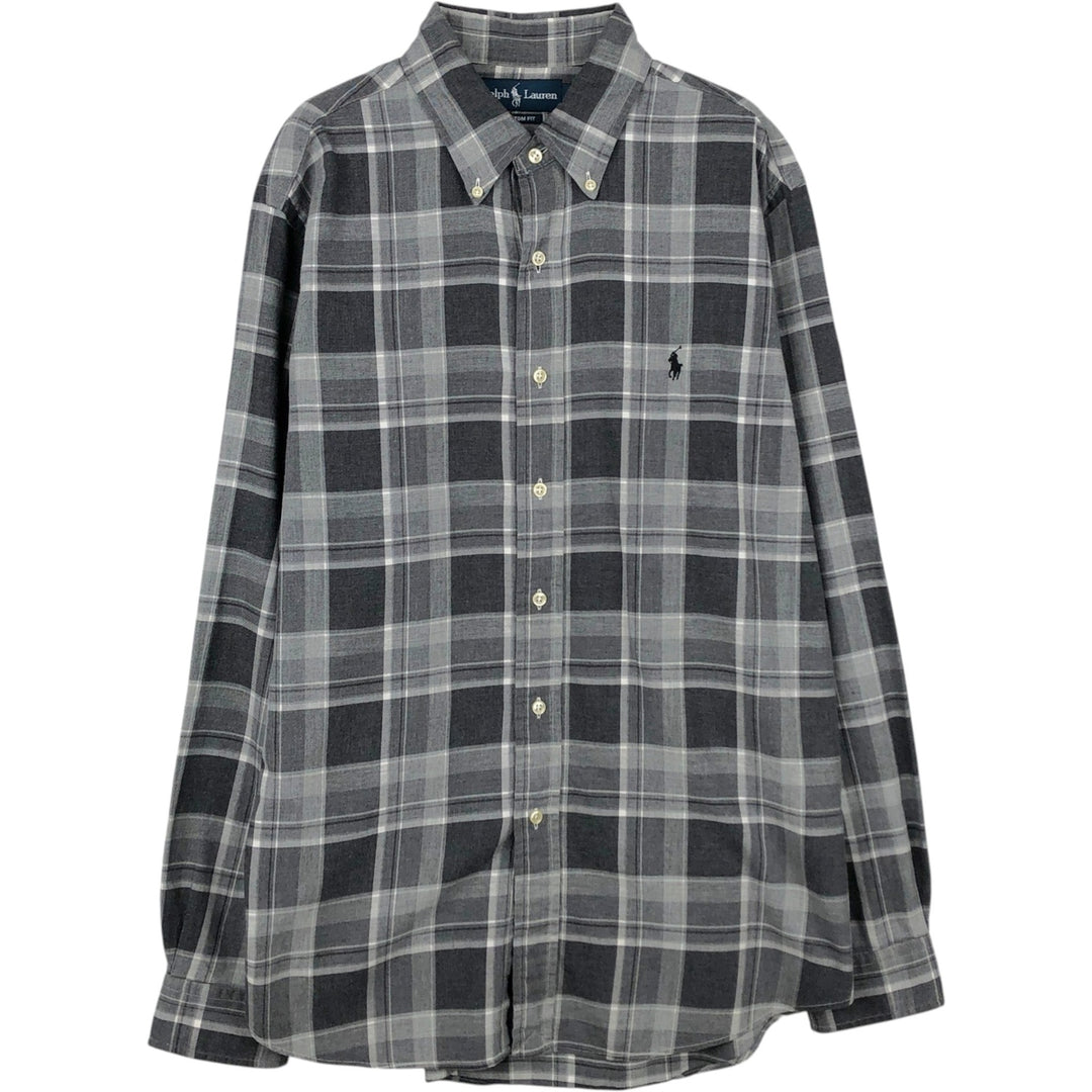 Ralph Lauren CUSTOM FIT Long-Sleeve Button-Down Check Shirt, Made in China, Men's Size L (approx.) cotton gray type Vintage Second Hand