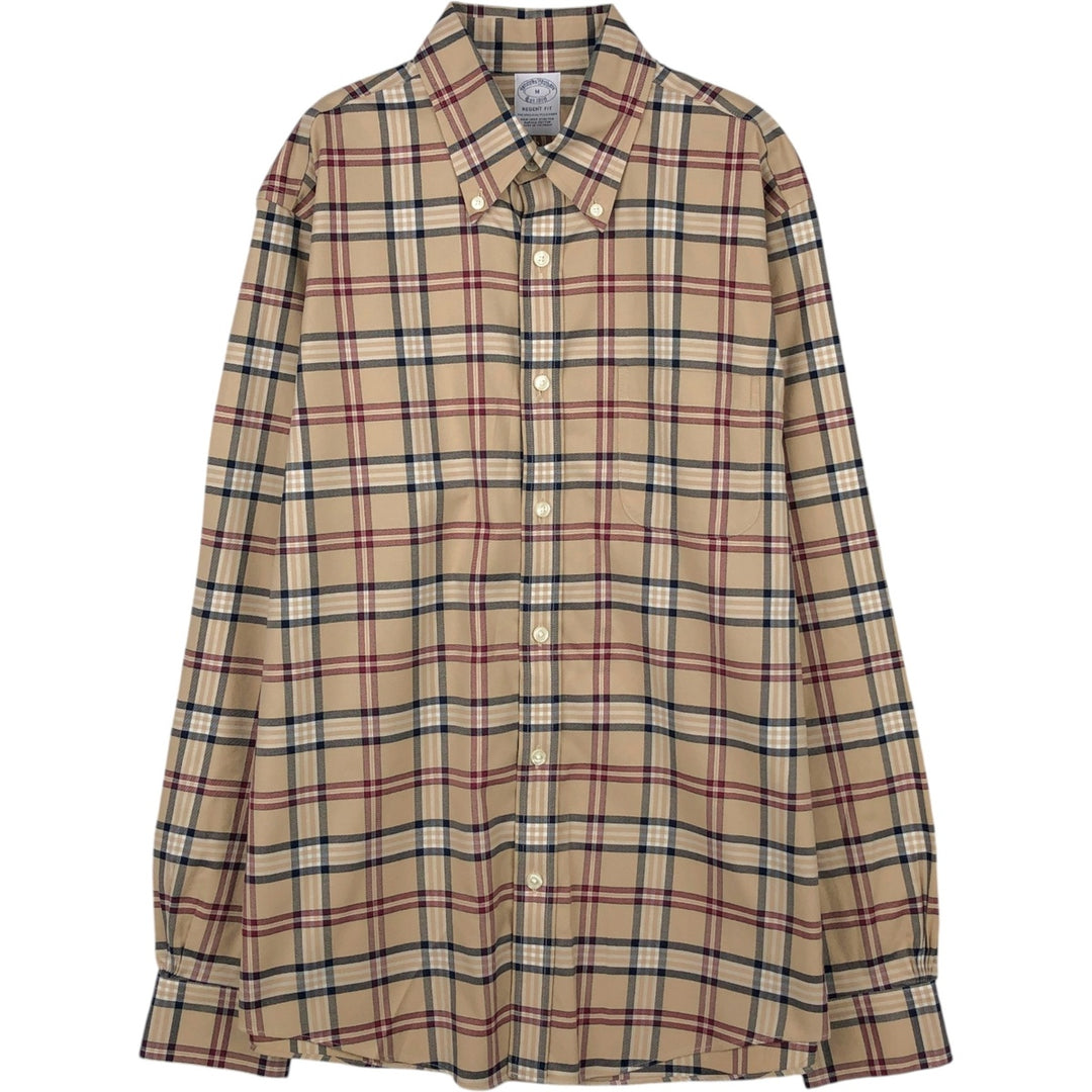 Brooks Brothers Est.1818 REGENT FIT Long-Sleeve Button-Down Check Shirt, Men's Size M (approx.) Supima Cotton Beige type Vintage Second Hand