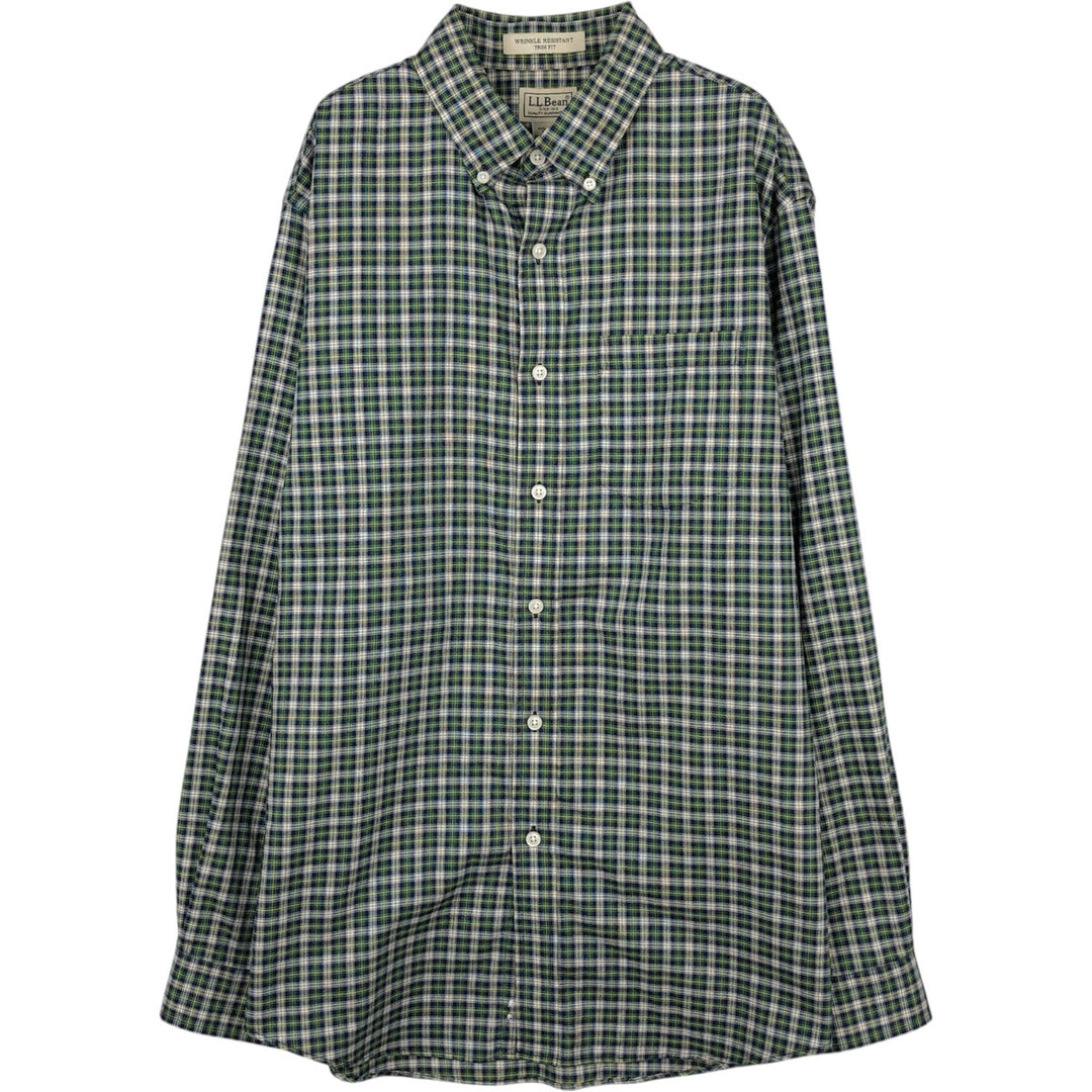 90s-00'S L.L.Bean WRINKLE RESISTANT TRIM FIT Long-Sleeve Button-Down Check Shirt, Men's Size M (approx.), Vintage cotton green type Vintage Second Hand