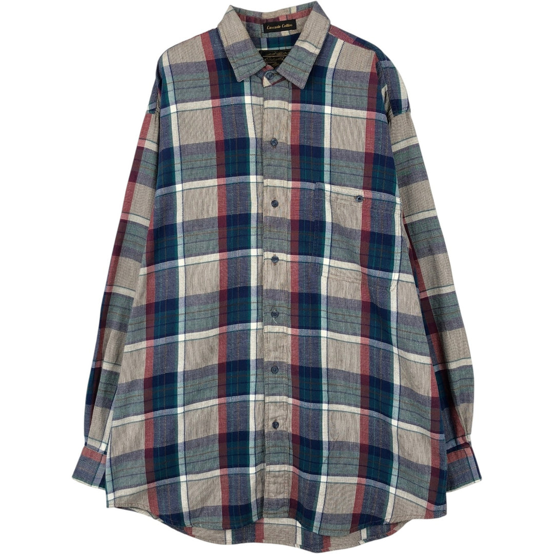 80s-90'S Eddie Bauer Cascade Cotton Black Tag Long-Sleeve Cotton Check Shirt Men's Size L (Equivalent) Vintage cotton navy blue type Vintage Second Hand