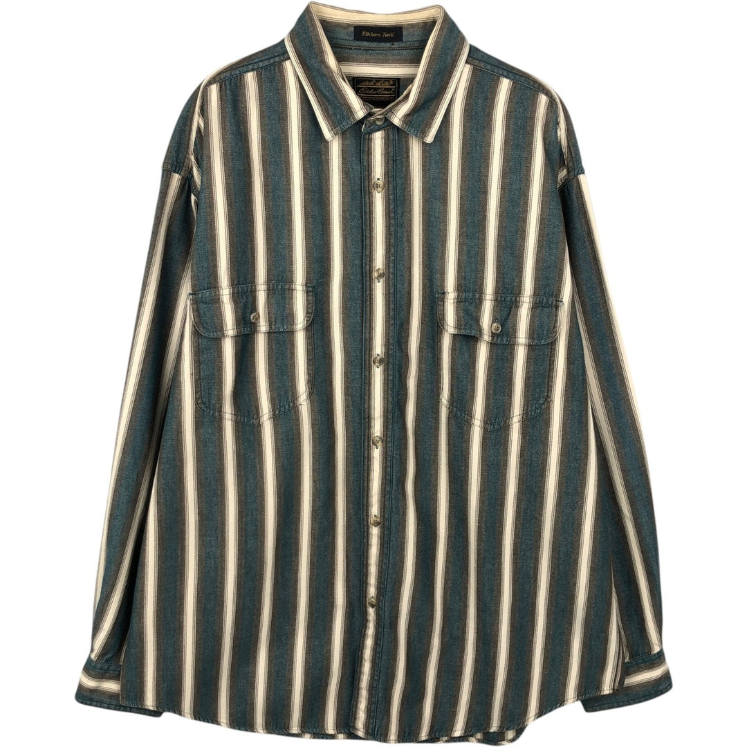 90'S Eddie Bauer Elkhorn Twill Multi-Striped Long-Sleeve Cotton Stripe Shirt, Men's Size XL (Vintage) cotton green type Vintage Second Hand