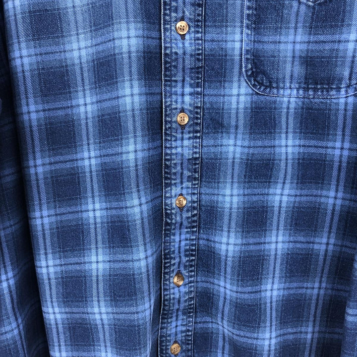1990'S LLBean Long Sleeve Button-Down Light Flannel Check Shirt, Men's XL, Vintage cotton blue type Vintage Second Hand