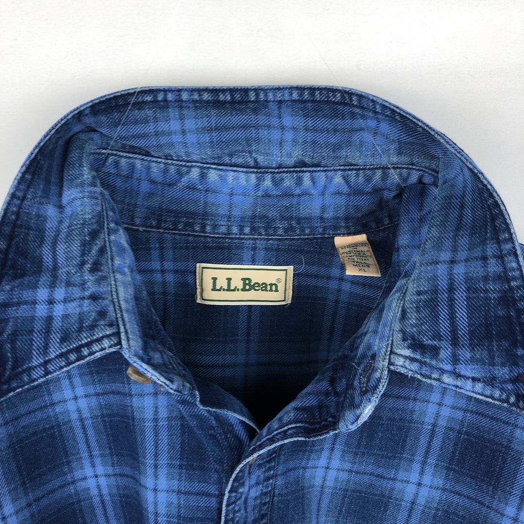 1990'S LLBean Long Sleeve Button-Down Light Flannel Check Shirt, Men's XL, Vintage cotton blue type Vintage Second Hand