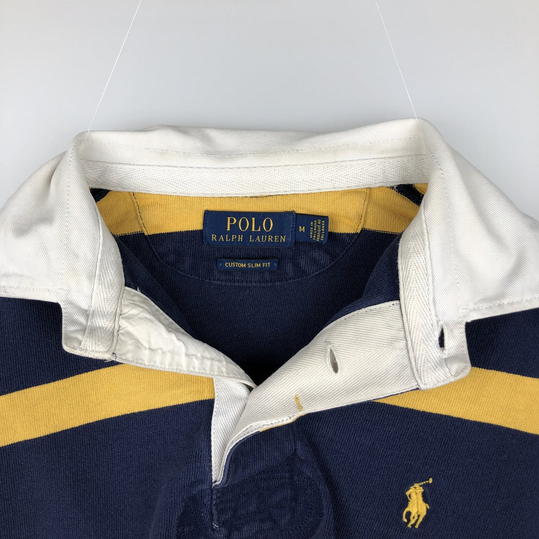 Ralph Lauren POLO RALPH LAUREN CUSTOM SLIM FIT Striped Pattern Long-Sleeve Rugby Shirt, Men's Size M (approx.) cotton navy blue type Vintage Second Hand