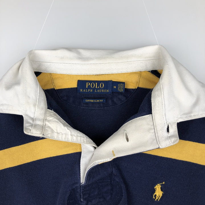Ralph Lauren POLO RALPH LAUREN CUSTOM SLIM FIT Striped Pattern Long-Sleeve Rugby Shirt, Men's Size M (approx.) cotton navy blue type Vintage Second Hand