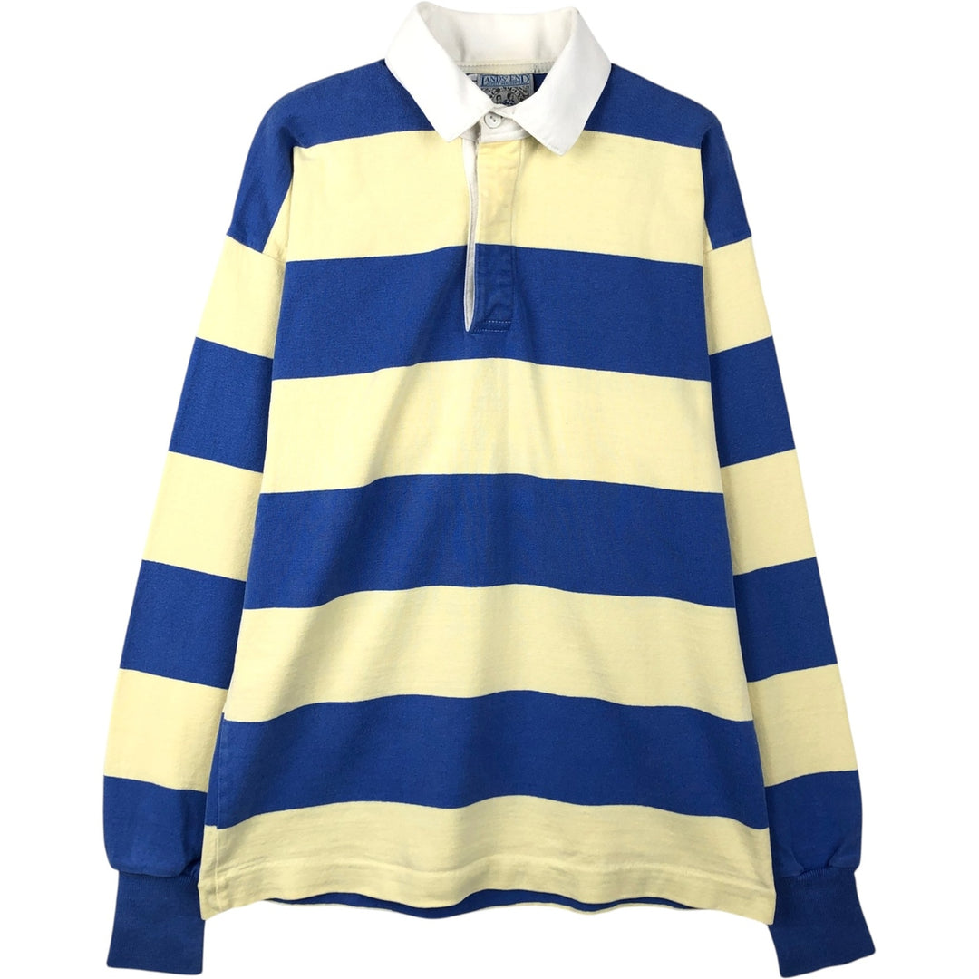 80s-90'S Lands' End striped pattern long-sleeved rugby shirt, made in USA, men's size L equivalent, vintage. cotton blue type Vintage Second Hand
