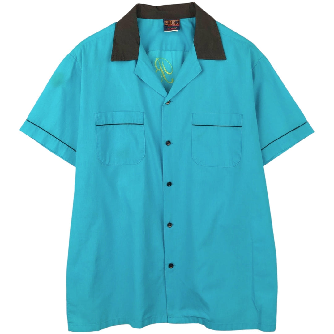 90'S Hilton Open Collar Short Sleeve Bowling Shirt, Boxy Shirt, Made in USA, Men's XL (approx.), Vintage cotton turquoise blue Vintage Second Hand
