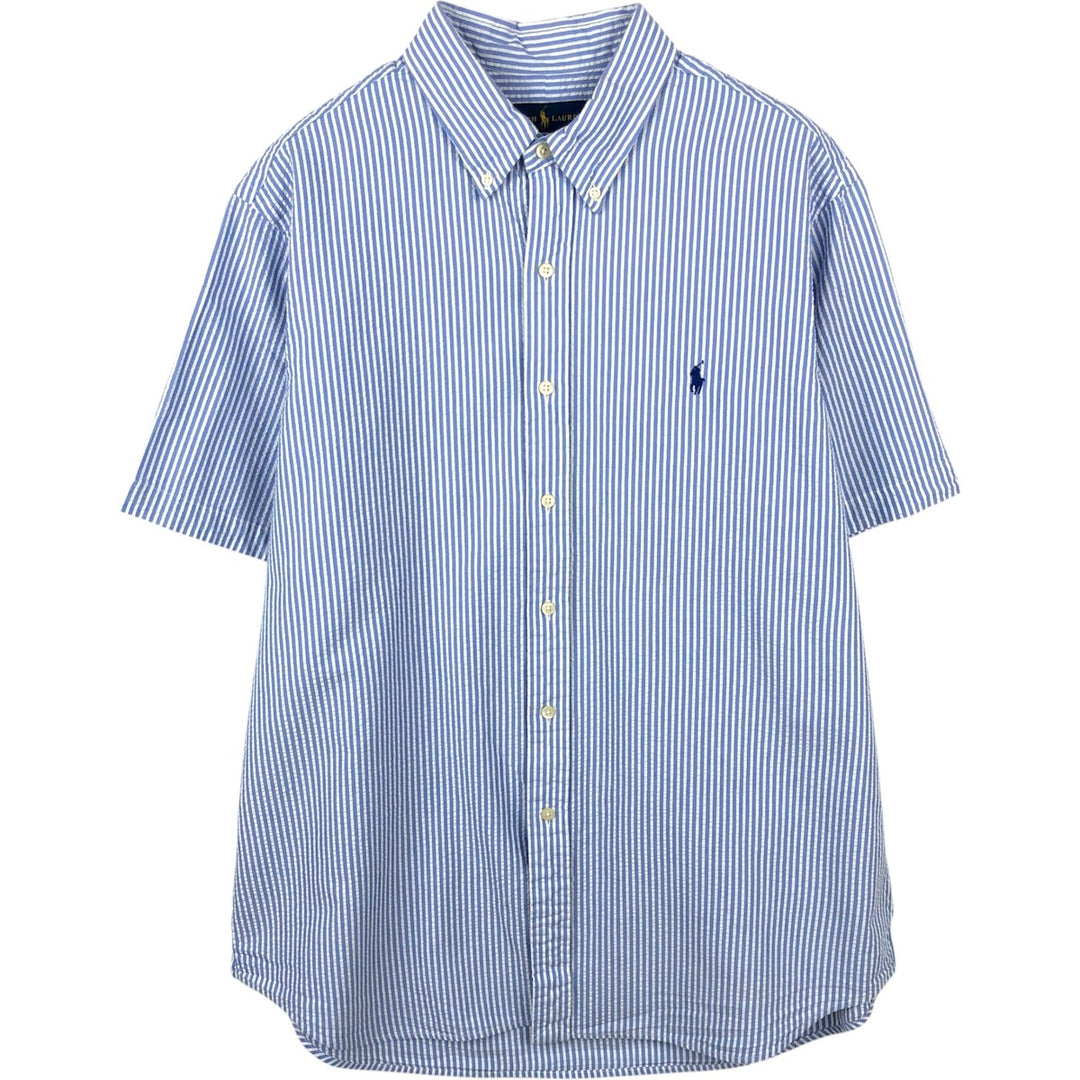 Ralph Lauren Seersucker Short Sleeve Button-Down Striped Shirt Men's XL cotton Blue type light blue Vintage Second Hand