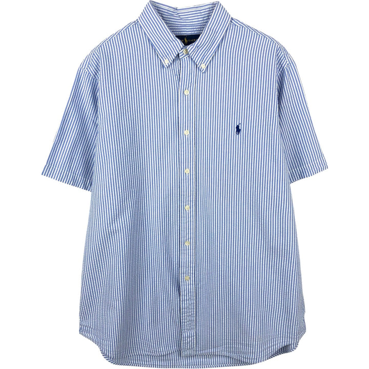 Ralph Lauren Seersucker Short Sleeve Button-Down Striped Shirt Men's XL cotton Blue type light blue Vintage Second Hand