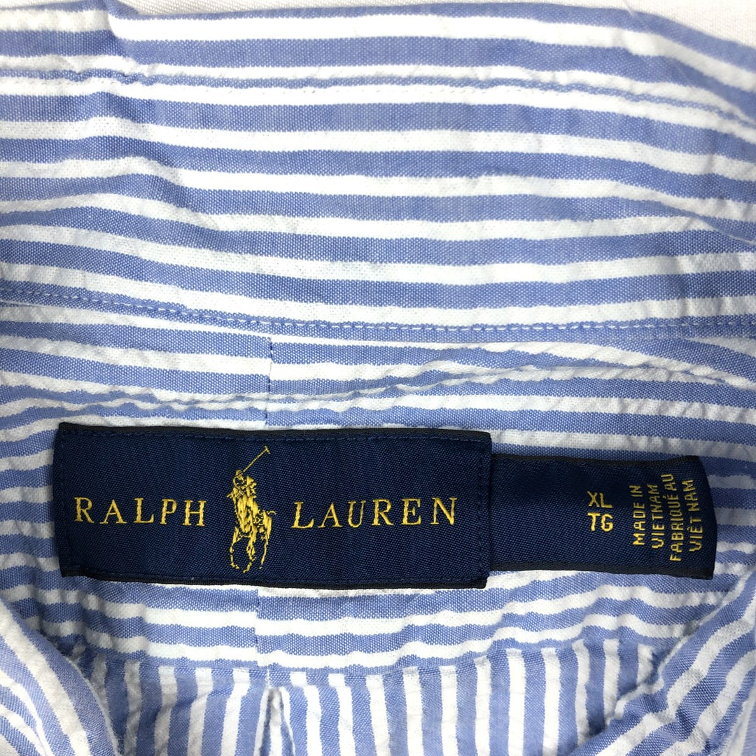 Ralph Lauren Seersucker Short Sleeve Button-Down Striped Shirt Men's XL cotton Blue type light blue Vintage Second Hand