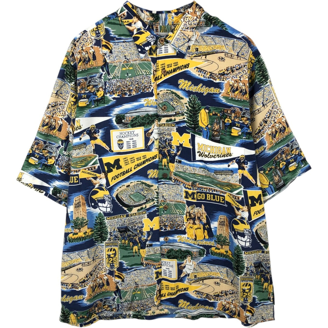 Reyn Spooner MICHIGAN University of Michigan All-Over Print College Rayon Hawaiian Aloha Shirt Men's XL (approx.) Rayon blue type Vintage Second Hand