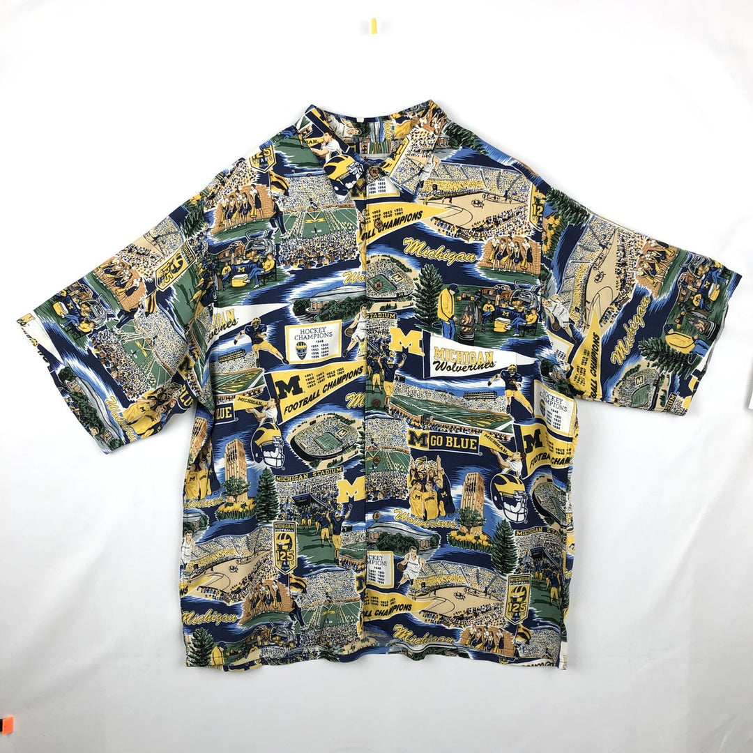 Reyn Spooner MICHIGAN University of Michigan All-Over Print College Rayon Hawaiian Aloha Shirt Men's XL (approx.) Rayon blue type Vintage Second Hand