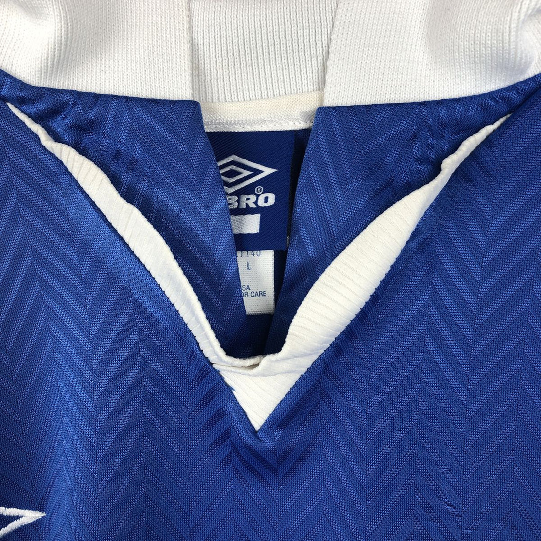 90'S Umbro Blue Tag Two-Tone V-Neck Soccer Jersey Game Shirt Made in USA Men's Size L (Equivalent) Vintage polyester blue type Vintage Second Hand