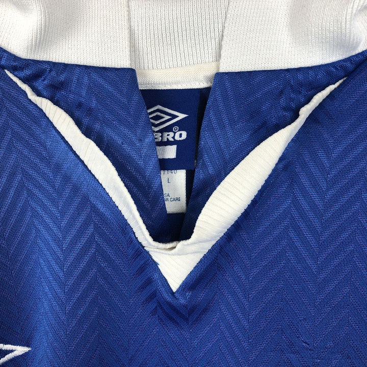 90'S Umbro Blue Tag Two-Tone V-Neck Soccer Jersey Game Shirt Made in USA Men's Size L (Equivalent) Vintage polyester blue type Vintage Second Hand