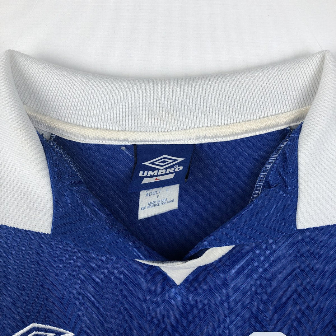 90'S Umbro Blue Tag Two-Tone V-Neck Soccer Jersey Game Shirt Made in USA Men's Size L (Equivalent) Vintage polyester blue type Vintage Second Hand
