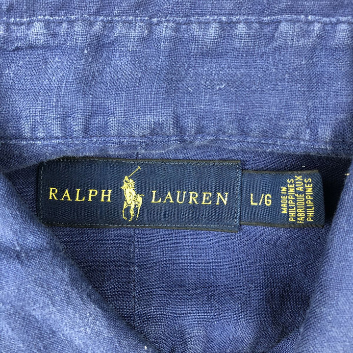Ralph Lauren long sleeve linen button down shirt, men's size L linen blue type Vintage Second Hand