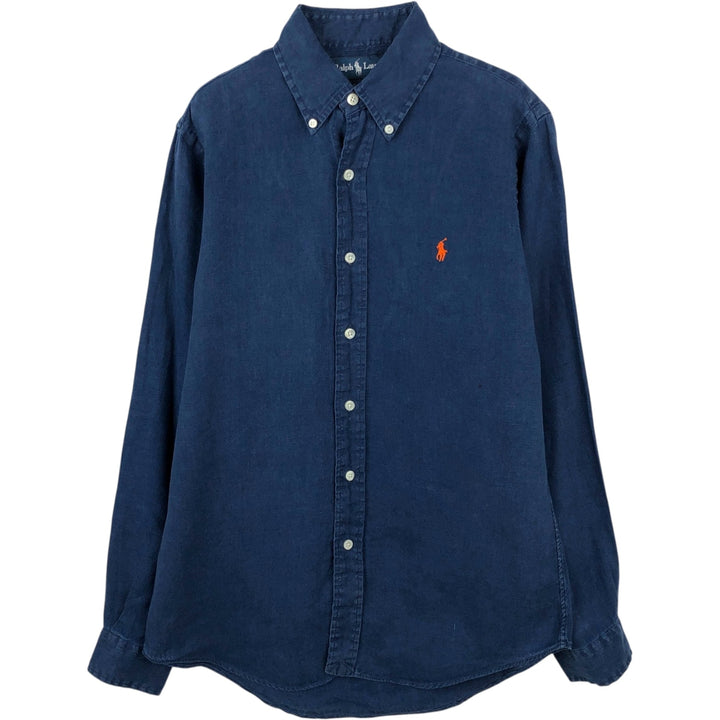 Ralph Lauren Custom Fit Long Sleeve Linen Button-Down Shirt, Men's Size Small linen navy blue type Vintage Second Hand