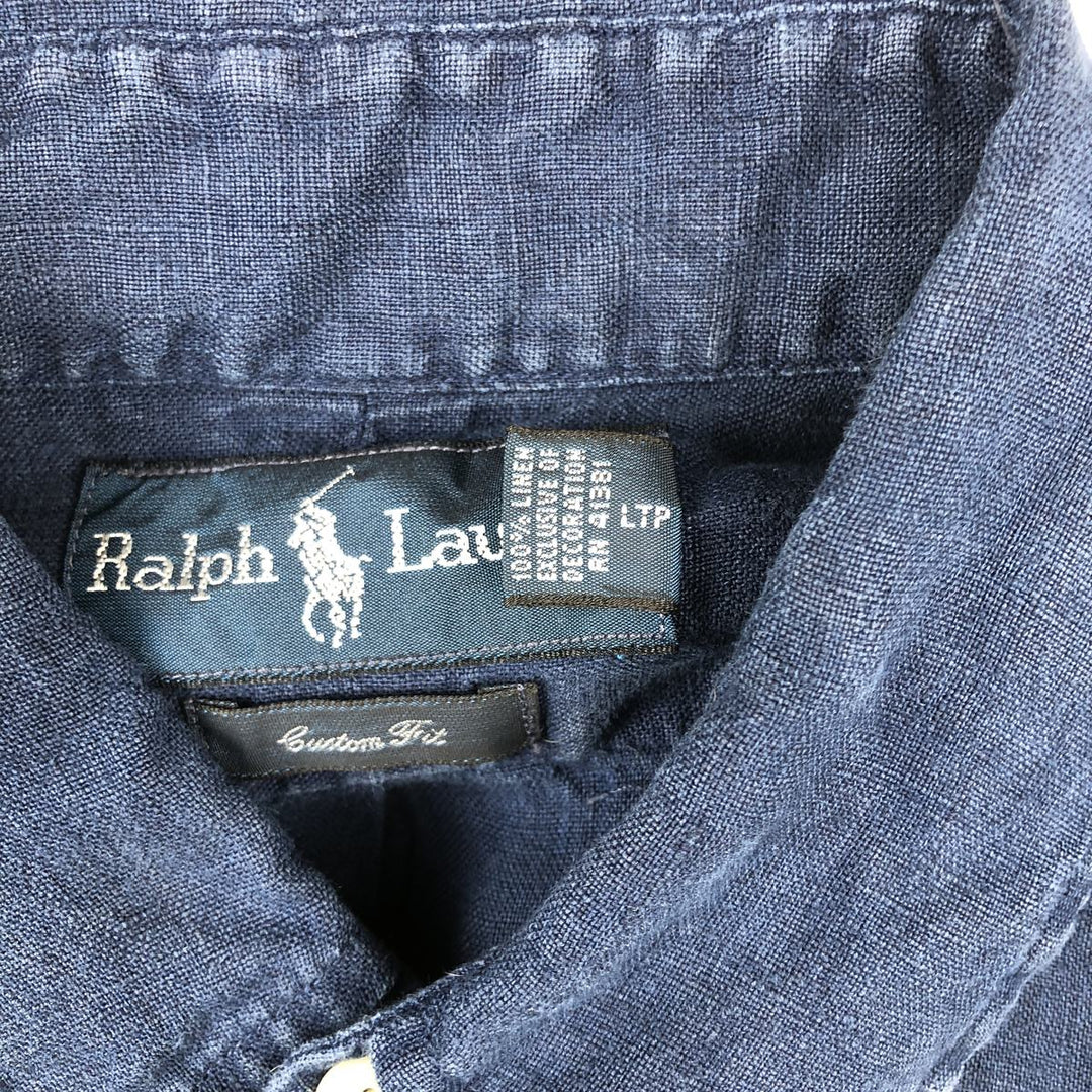 Ralph Lauren Custom Fit Long Sleeve Linen Button-Down Shirt, Men's Size Small linen navy blue type Vintage Second Hand