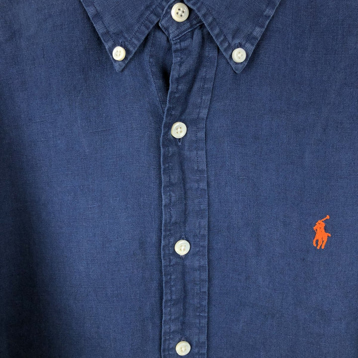 Ralph Lauren Custom Fit Long Sleeve Linen Button-Down Shirt, Men's Size Small linen navy blue type Vintage Second Hand