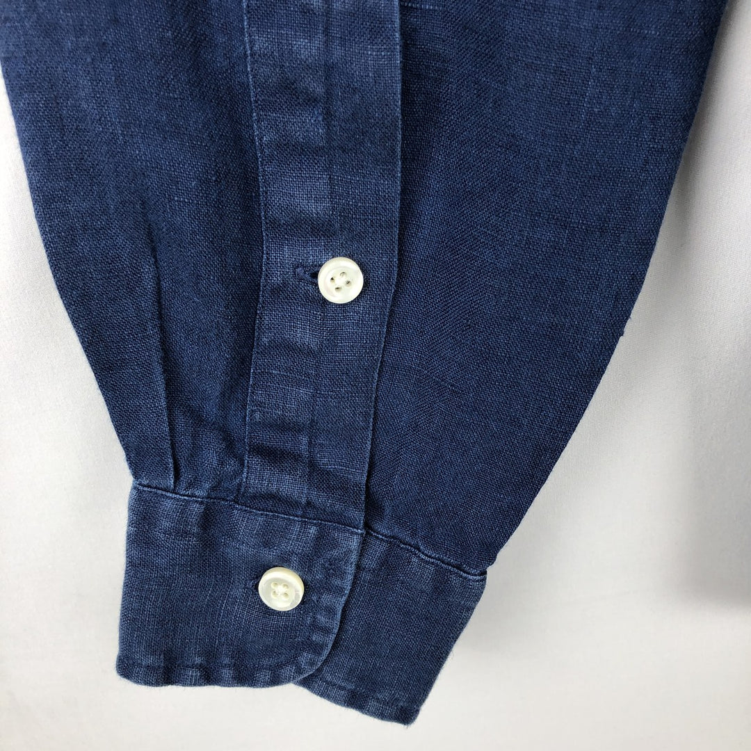 Ralph Lauren Custom Fit Long Sleeve Linen Button-Down Shirt, Men's Size Small linen navy blue type Vintage Second Hand