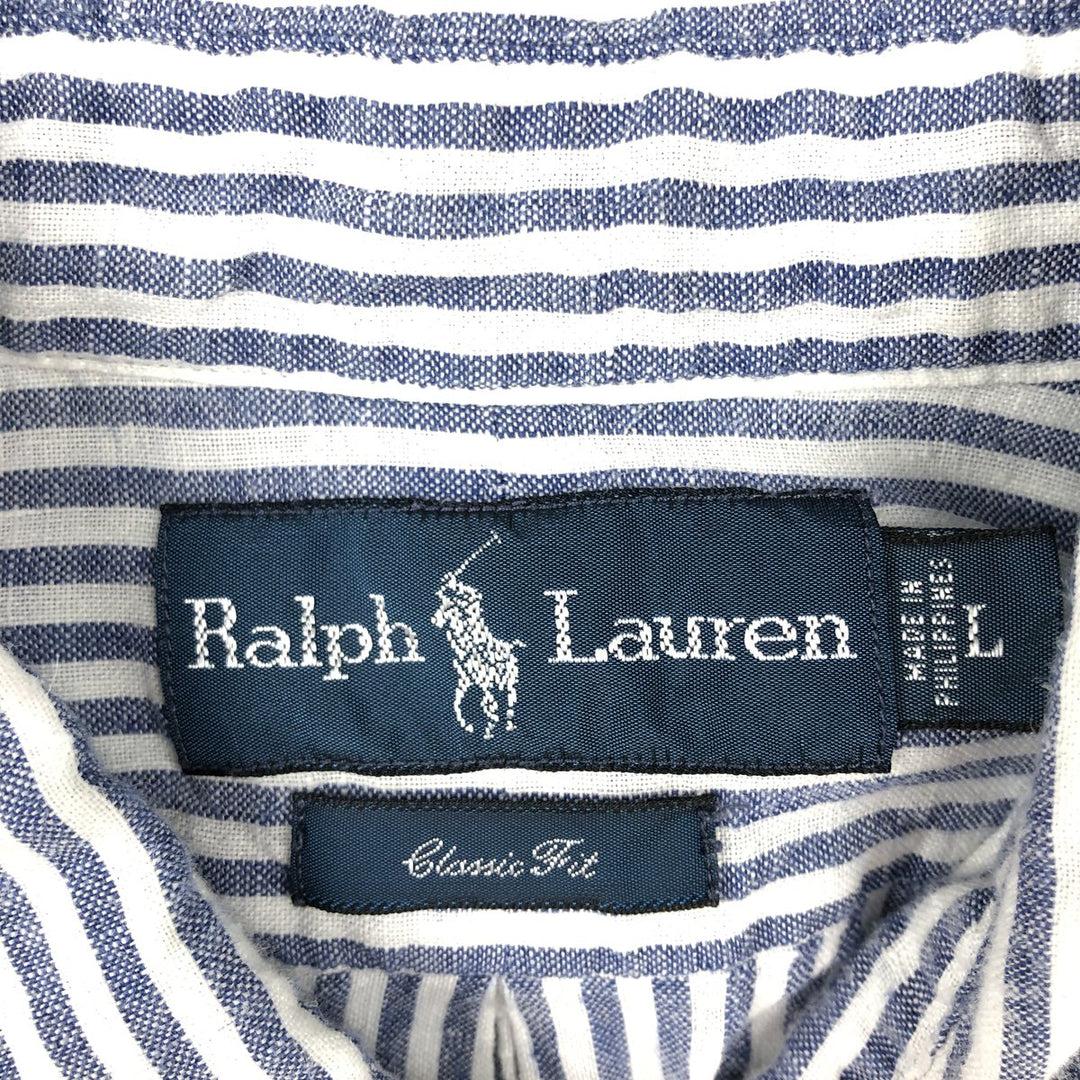 Ralph Lauren CLASSIC FIT Stripe Pattern Long-Sleeve Linen Button-Down Shirt, Men's Size L (approx.) linen blue type Vintage Second Hand