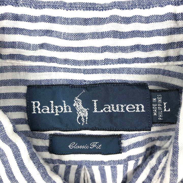 Ralph Lauren CLASSIC FIT Stripe Pattern Long-Sleeve Linen Button-Down Shirt, Men's Size L (approx.) linen blue type Vintage Second Hand