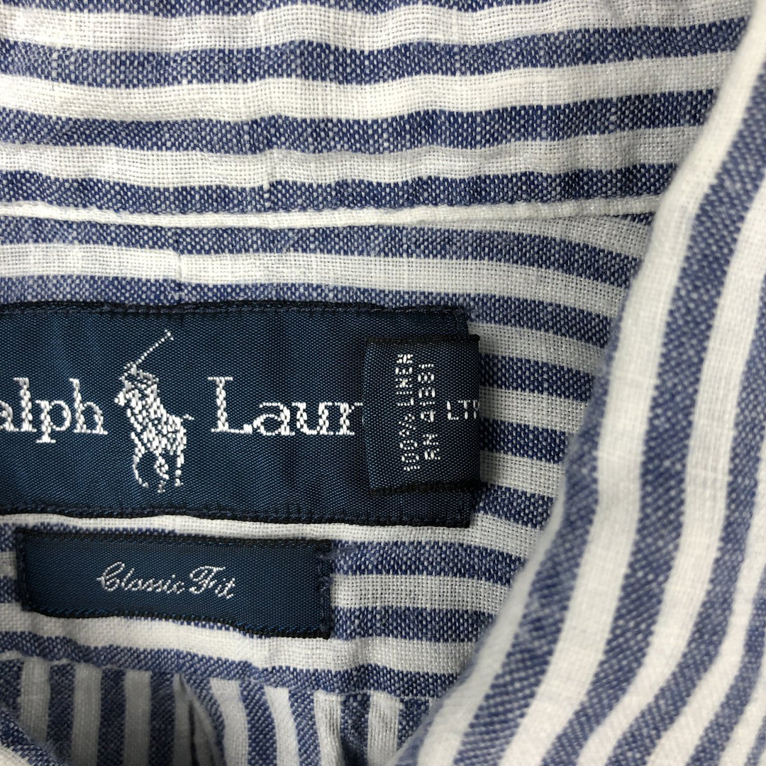 Ralph Lauren CLASSIC FIT Stripe Pattern Long-Sleeve Linen Button-Down Shirt, Men's Size L (approx.) linen blue type Vintage Second Hand