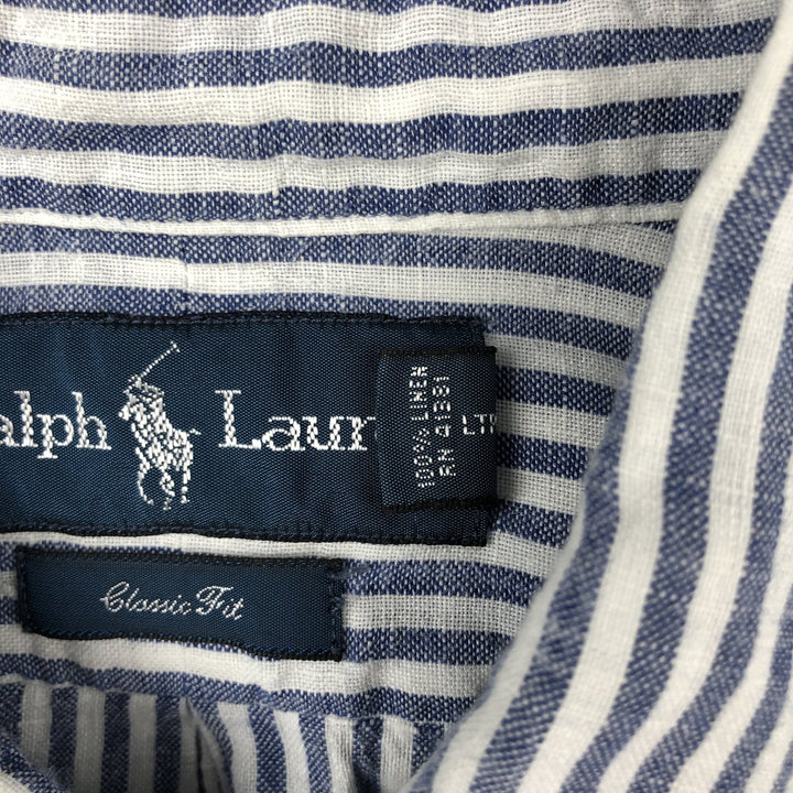 Ralph Lauren CLASSIC FIT Stripe Pattern Long-Sleeve Linen Button-Down Shirt, Men's Size L (approx.) linen blue type Vintage Second Hand