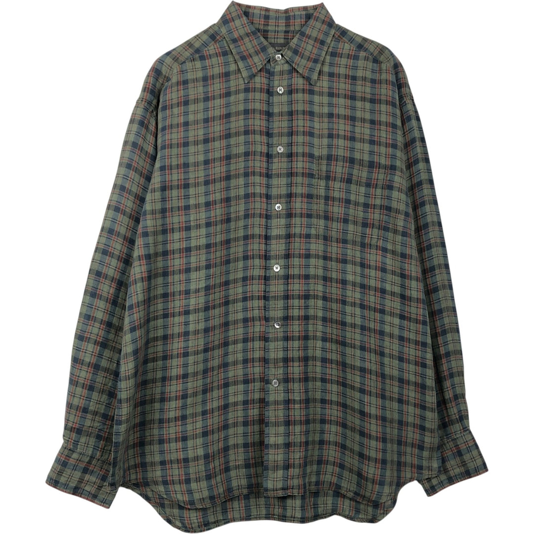 Banana Republic Check Pattern Long-Sleeve Linen Shirt, Men's Size L (approx.) linen Khaki type sage green Vintage Second Hand