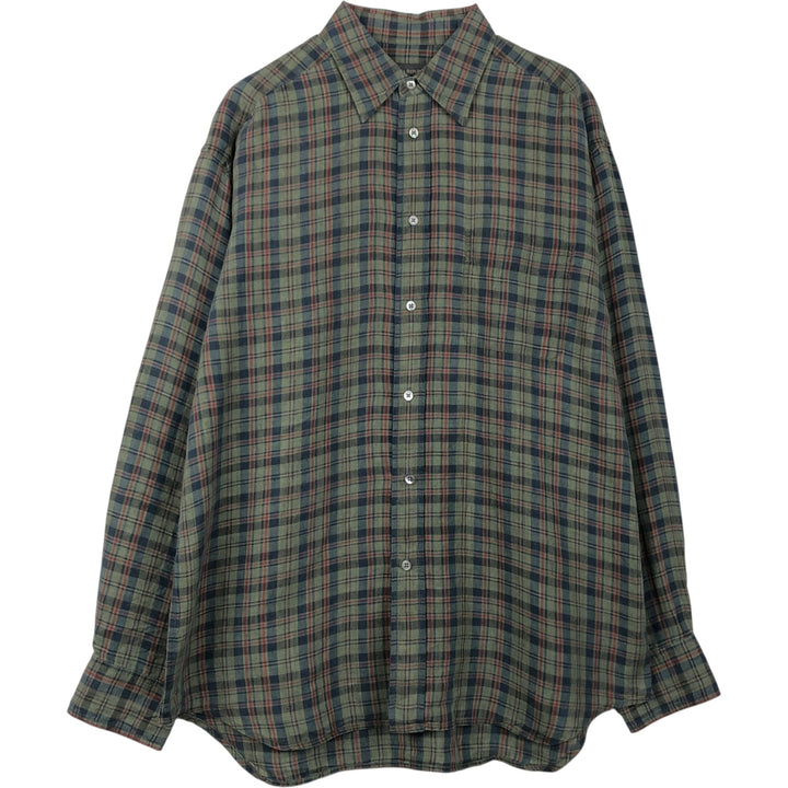 Banana Republic Check Pattern Long-Sleeve Linen Shirt, Men's Size L (approx.) linen Khaki type sage green Vintage Second Hand