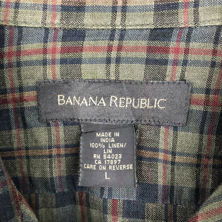 Banana Republic Check Pattern Long-Sleeve Linen Shirt, Men's Size L (approx.) linen Khaki type sage green Vintage Second Hand