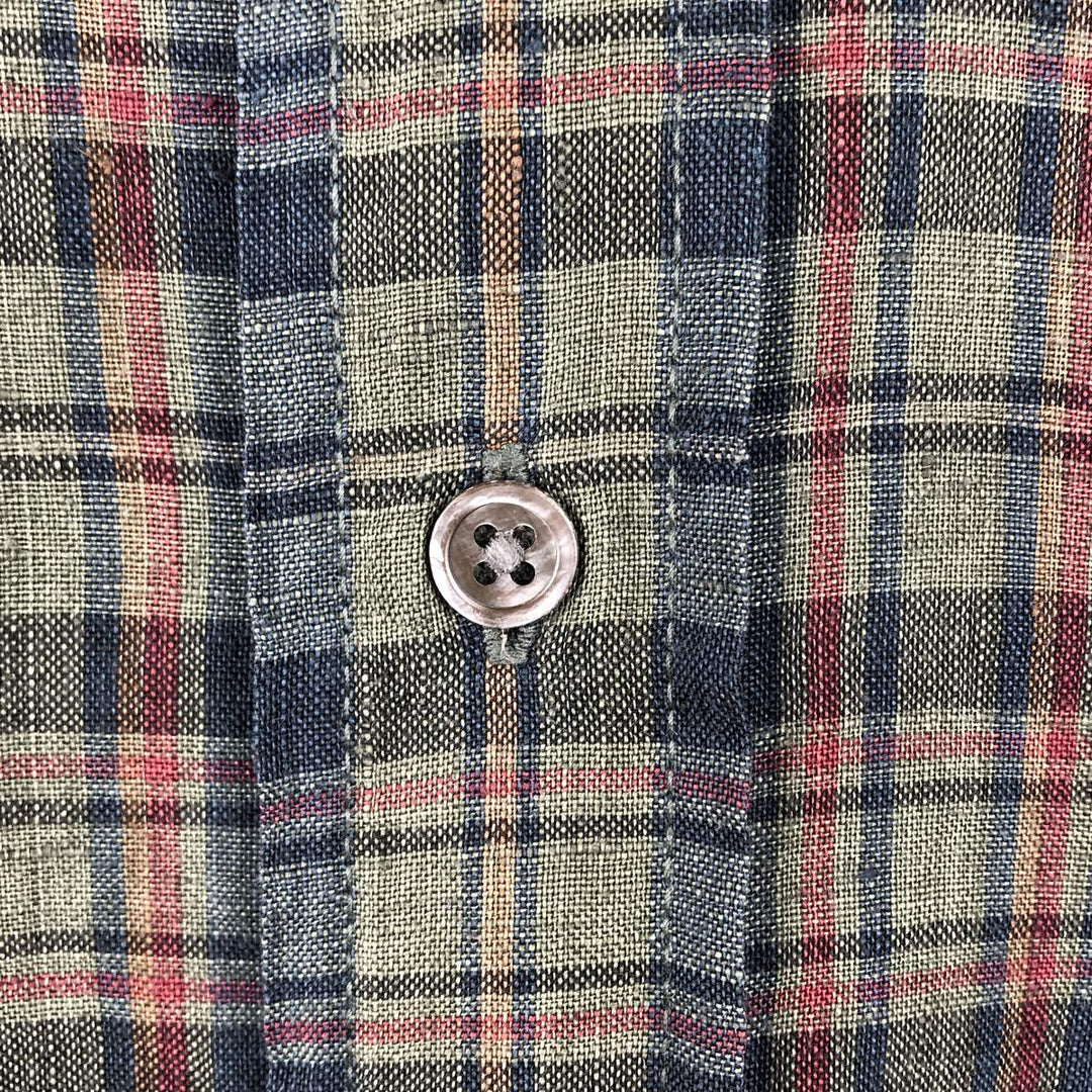 Banana Republic Check Pattern Long-Sleeve Linen Shirt, Men's Size L (approx.) linen Khaki type sage green Vintage Second Hand